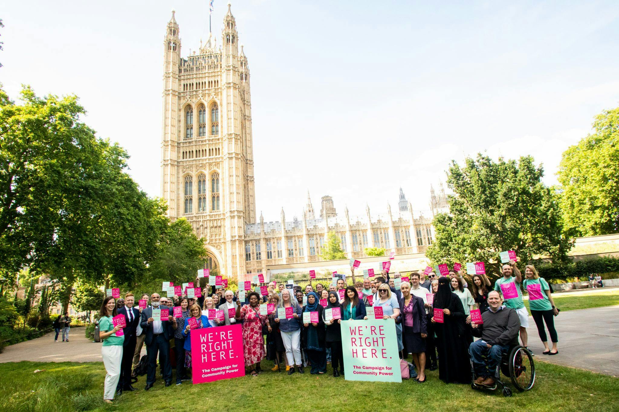 A large group of people in front of Westminster Palace