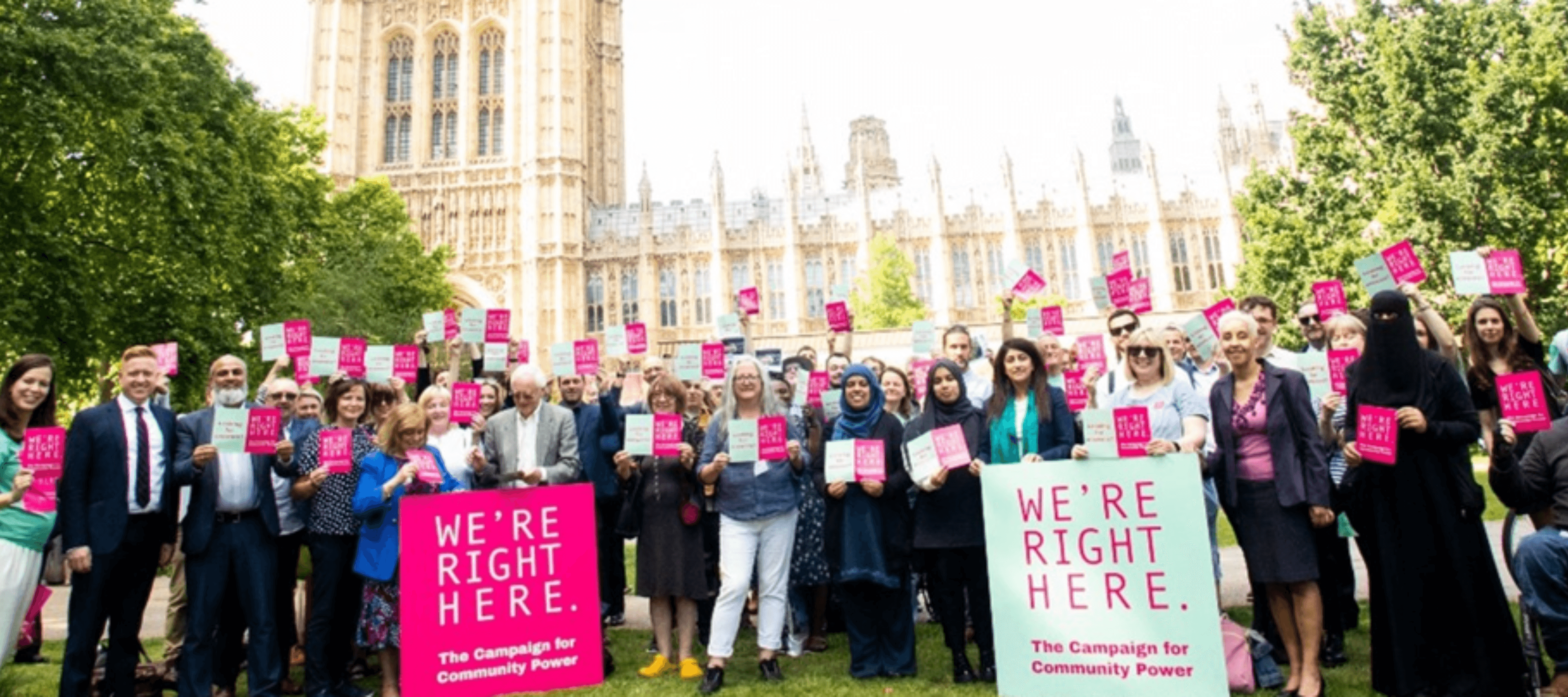 We're right here campaigners standing outside parliament